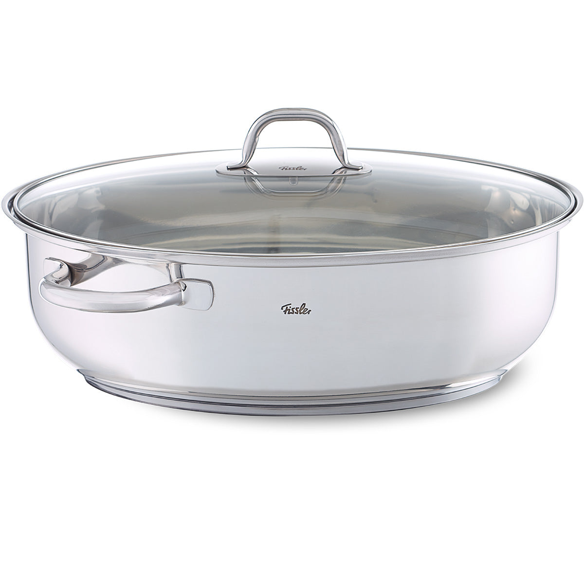 Fissler Edelstahlbräter Induktion: hochwertiger deutscher Edelstahlbräter mit Glasdeckel und Griffen, für Backofen und Induktion geeignet.