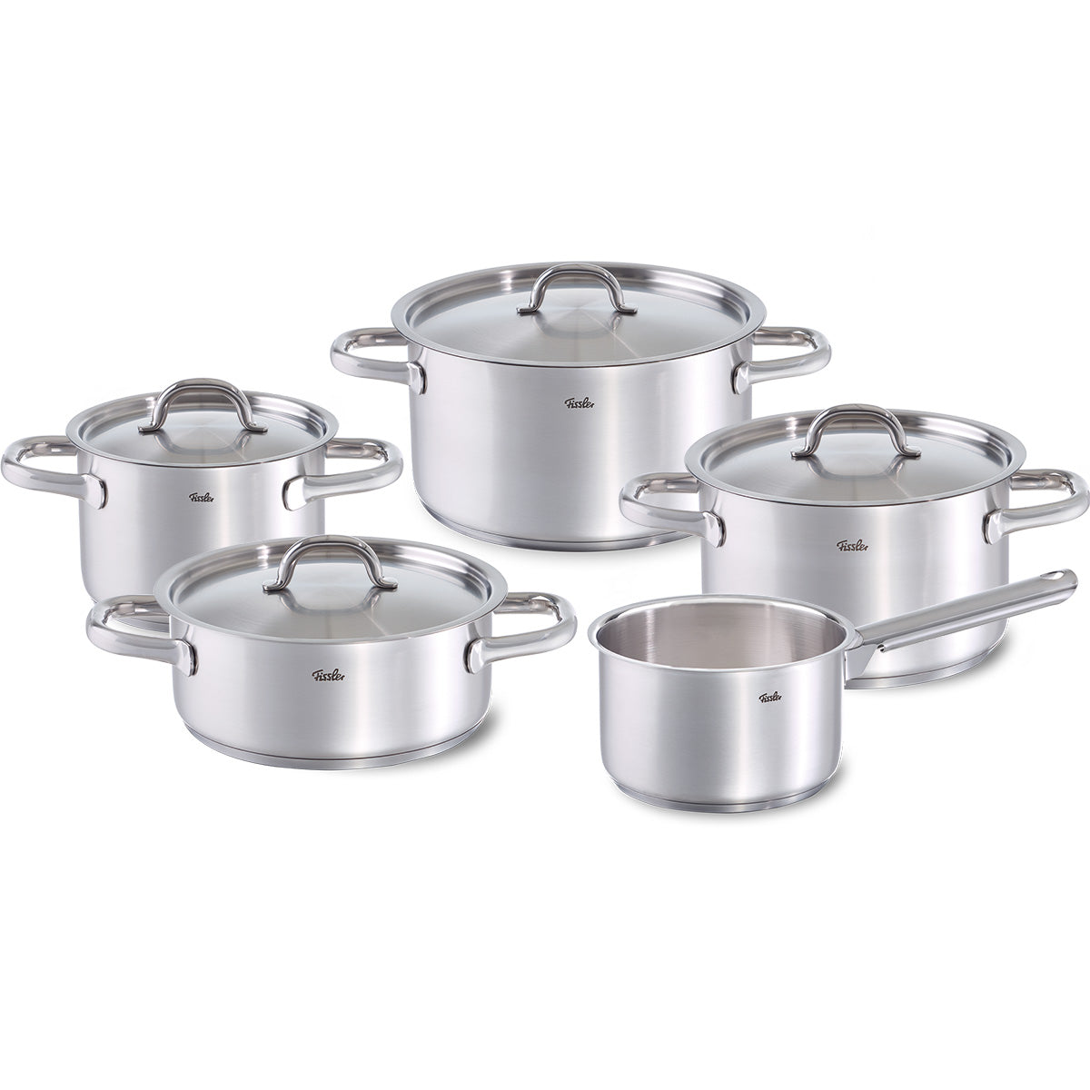 Fissler Family Line 5-piece Cookware Set in stainless steel with metal lids, precision-engineered in Germany, on a white background.