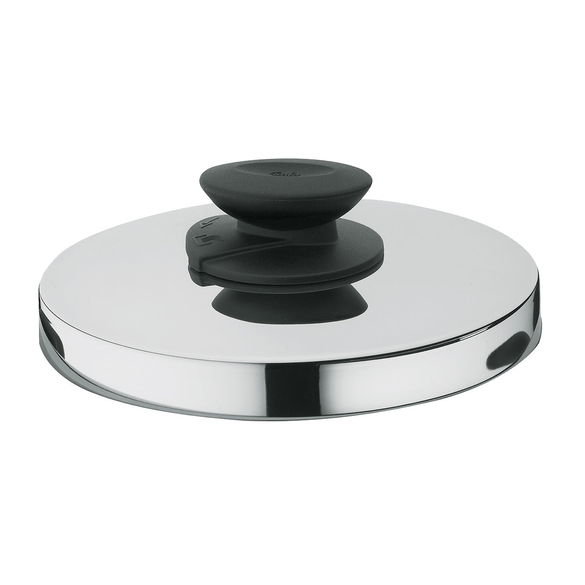 Fissler Schnellkochtopfdeckel (26 cm) aus Edelstahl mit schwarzem ergonomischem Griff und Knauf, hergestellt in Deutschland, auf weißem Hintergrund.