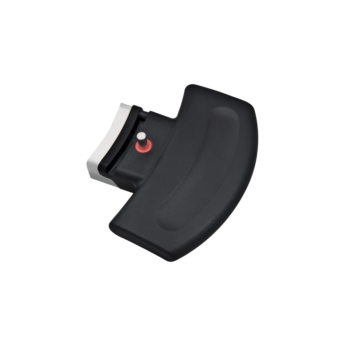 Fissler black handheld knife sharpener with ergonomic handle, sharpening slot, red button; modern German design on a white background.
