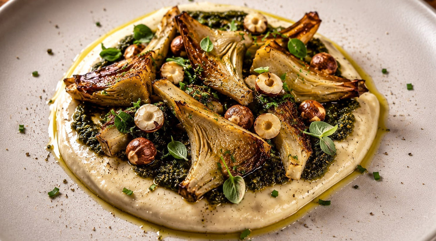 artischocken-auf-cannellini-bohnencreme-mit-oregano-chimichurri-geroesteten-haselnuessen-und-parmesan