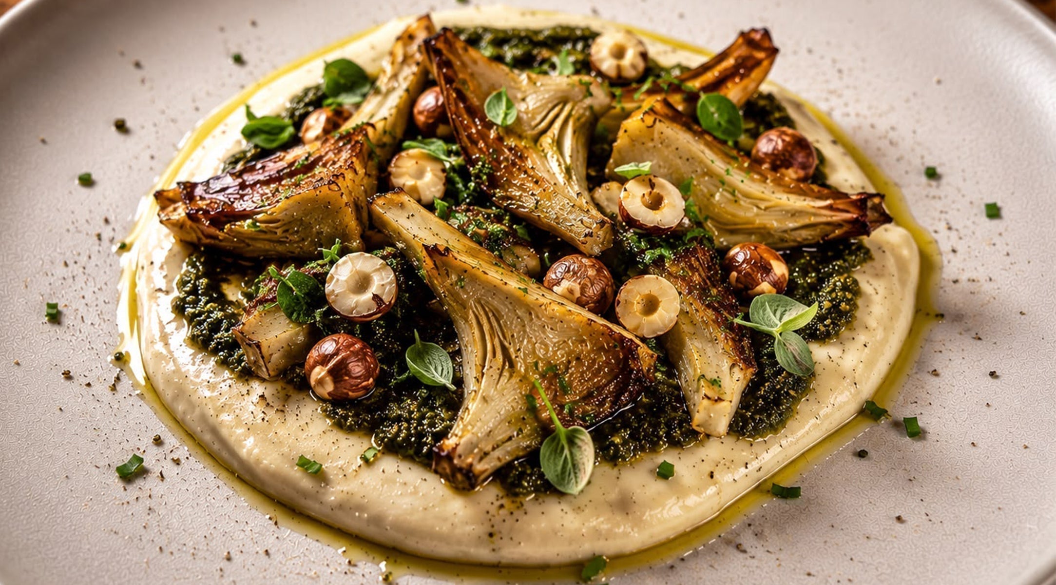 artischocken-auf-cannellini-bohnencreme-mit-oregano-chimichurri-geroesteten-haselnuessen-und-parmesan