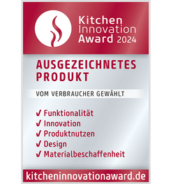 Zertifikat des Kücheninnovationspreises 2024 für das in Deutschland hergestellte Kochgeschirr von Fissler, das für Funktion, Innovation, Qualität und Design ausgezeichnet wurde.