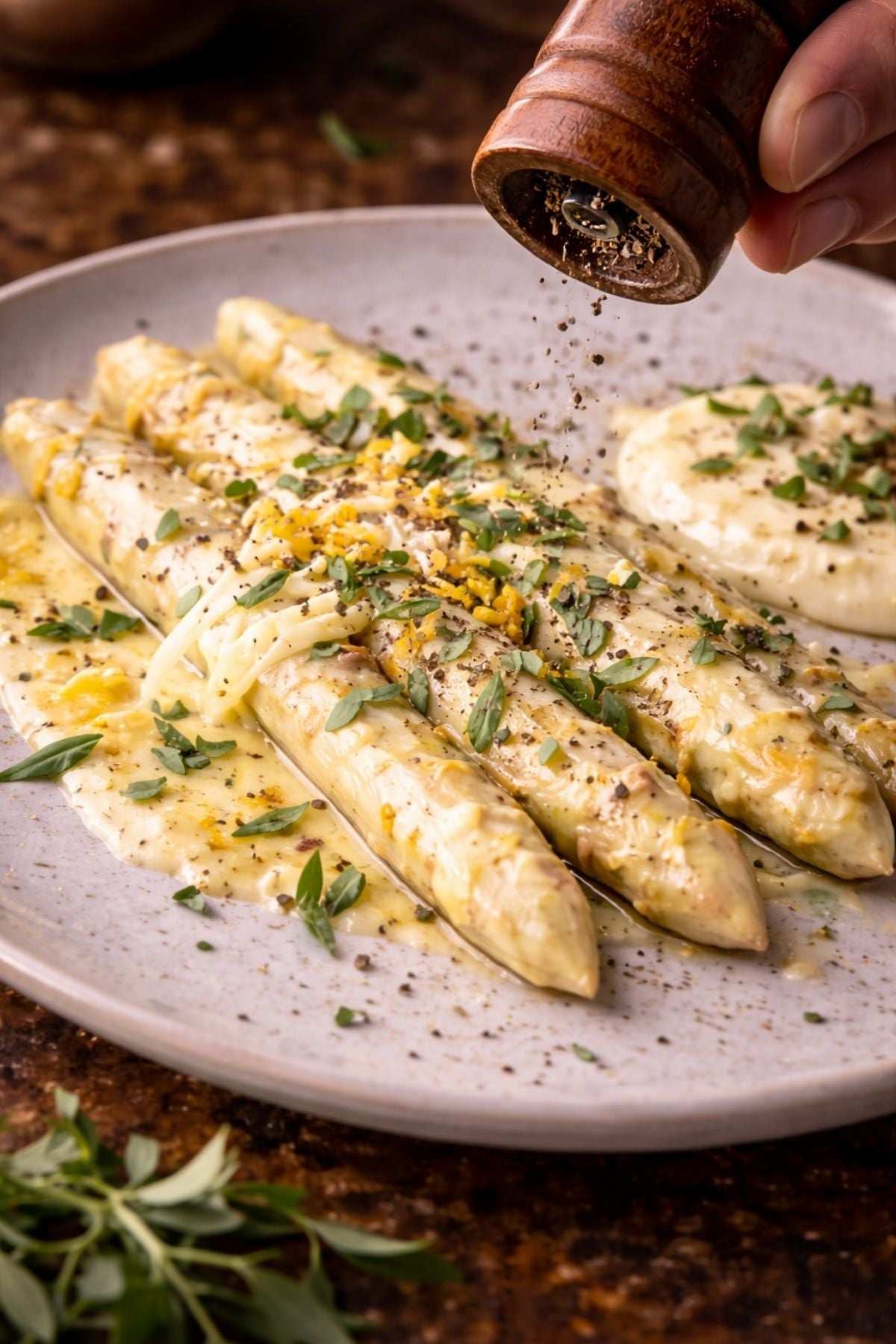 Weißer Spargel mit Sahnesoße, Käse und Kräutern auf einem Teller; frisch gemahlener Pfeffer - zubereitet im hochwertigen Fissler-Kochgeschirr.