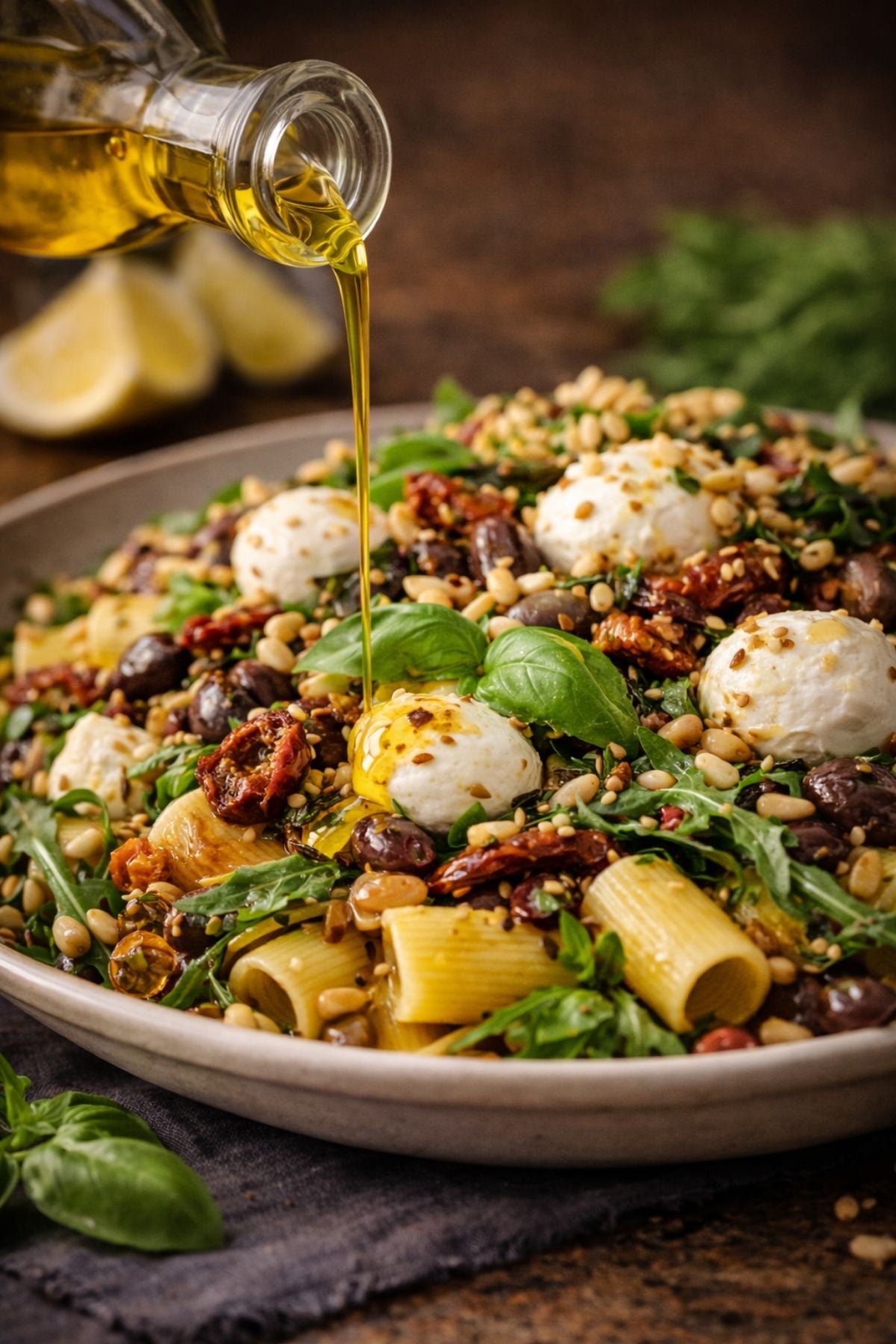 Pasta salad with rigatoni, fresh ingredients, and olive oil, served in elegant Fissler cookware. Lemons and herbs blur in the background.
