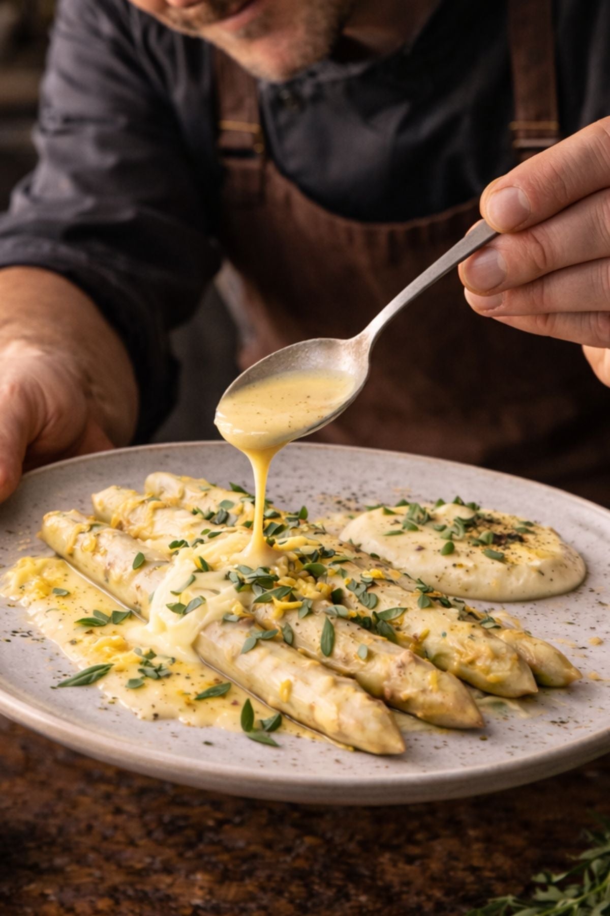 Ein Koch gießt mit Fissler-Kochgeschirr eine Sauce über weißen Spargel und Kartoffelpüree und präsentiert dabei Präzision und Tradition.