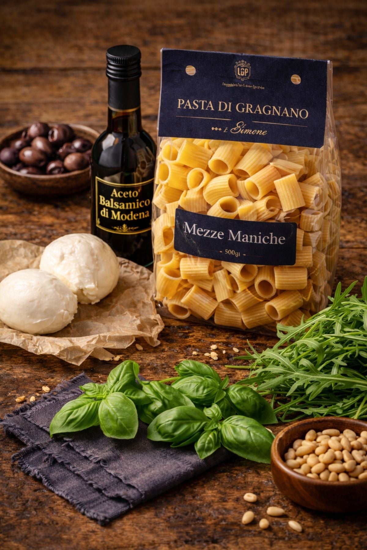 High-quality ingredients, including balsamic vinegar, artfully arranged on wood and ready for cooking with Fissler stainless steel precision cookware.