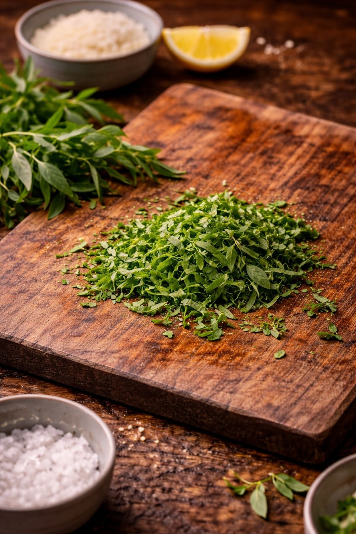 Fein gehackte Kräuter auf einem Fissler-Schneidebrett, Schalen mit Salz, Reis und Zitrone neben hochwertigem Kochgeschirr auf einem Holztisch.