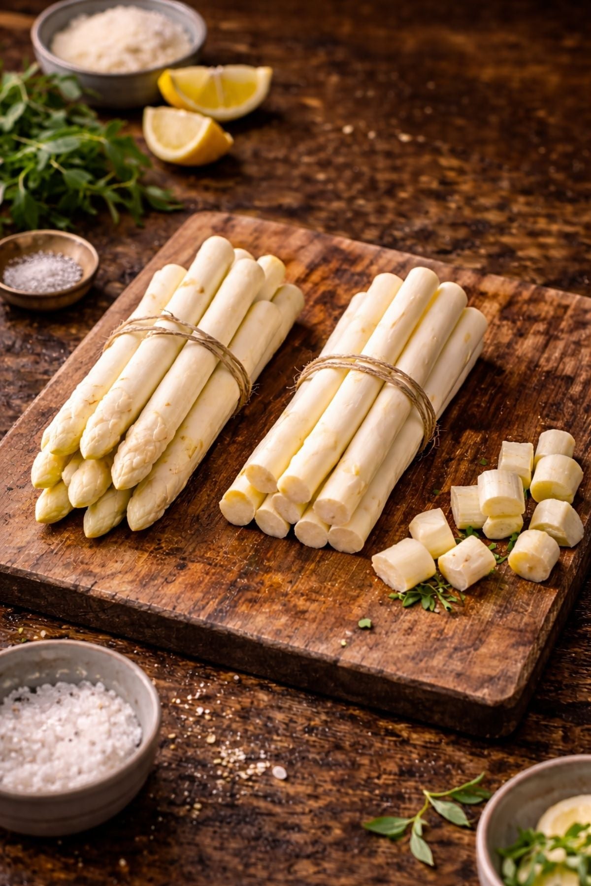 Frischer weißer Spargel auf einem Holzbrett, dazu Schalen mit Salz, Kräutern, Zitrone und Käse - perfekt für Fissler-Kochgeschirr-Kreationen.