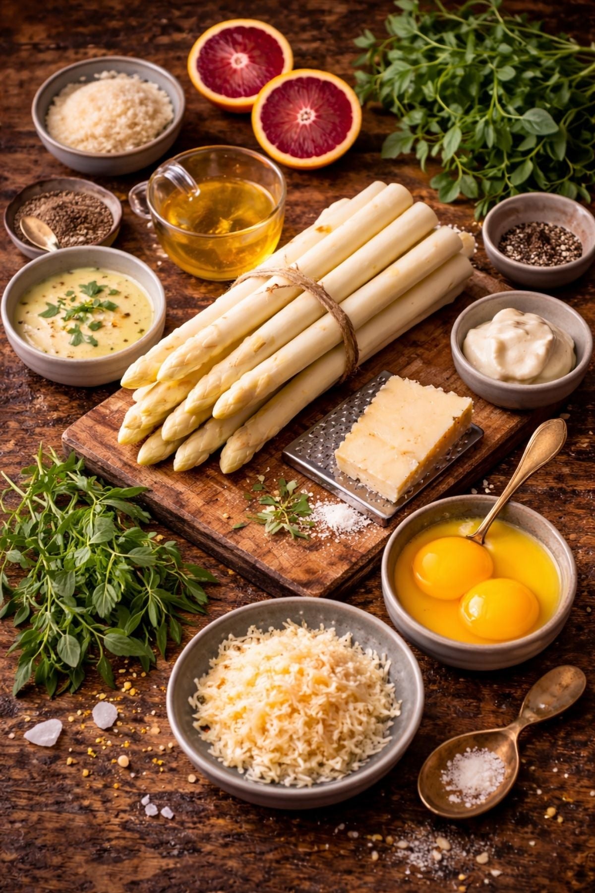 Weißer Spargel auf einem Holzbrett, mit Eiern, Käse, Kräutern und Gewürzen. Das Kochgeschirr von Fissler bringt Präzision in jeden Küchenmoment.