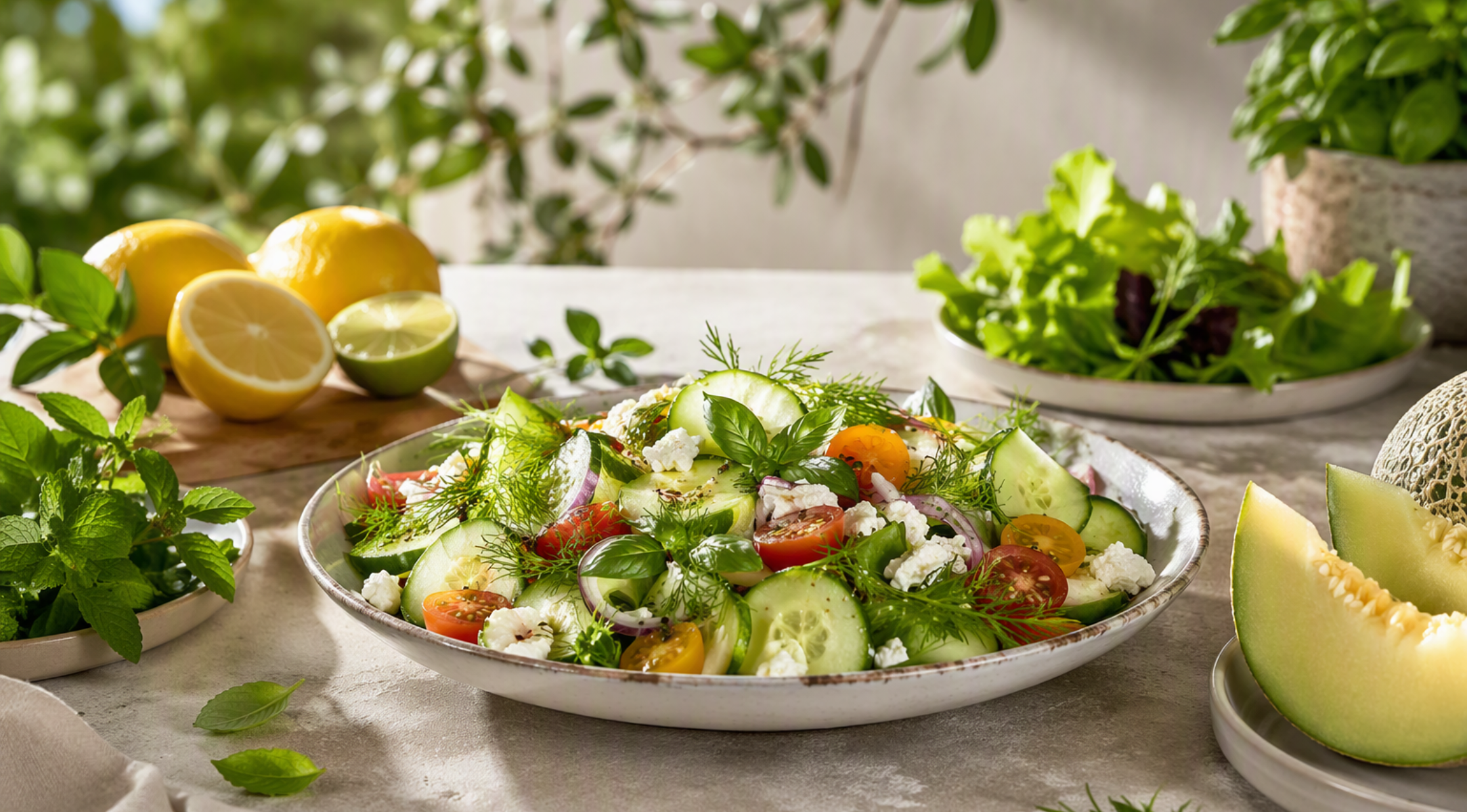 Ein farbenfroher Salat aus Tomaten, Gurken, Feta und Dill wird kunstvoll auf einem Tisch präsentiert, im Hintergrund zu sehen sind frische Kräuter, Zitronen, Blattgemüse und Melonenscheiben. Sonnenlicht beleuchtet die Tischdekoration und hebt das hochwertige Kochgeschirr sowie die raffinierte Tischgestaltung hervor – ein Beispiel für Fisslers Tradition der Präzisionstechnik und des zeitlosen deutschen Designs.