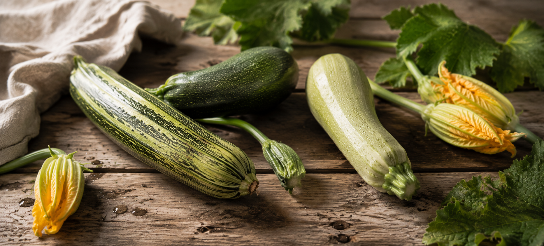 Various zucchinis and squash blossoms are artfully arranged on a rustic wooden table, complemented by fresh green leaves and a soft beige cloth in the background—an inviting scene reflecting Fissler’s commitment to quality ingredients and timeless kitchen design.