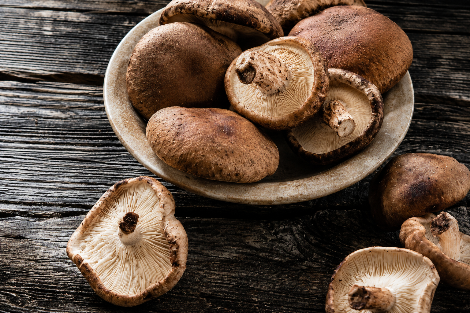 Whole and halved shiitake mushrooms are elegantly arranged on a ceramic plate atop a rustic wooden table, with a few mushrooms artfully scattered nearby. The timeless design of the scene reflects Fissler’s heritage of precision craftsmanship—perfect inspiration for preparing fresh ingredients with Fissler’s high-quality stainless steel cookware and kitchen accessories.