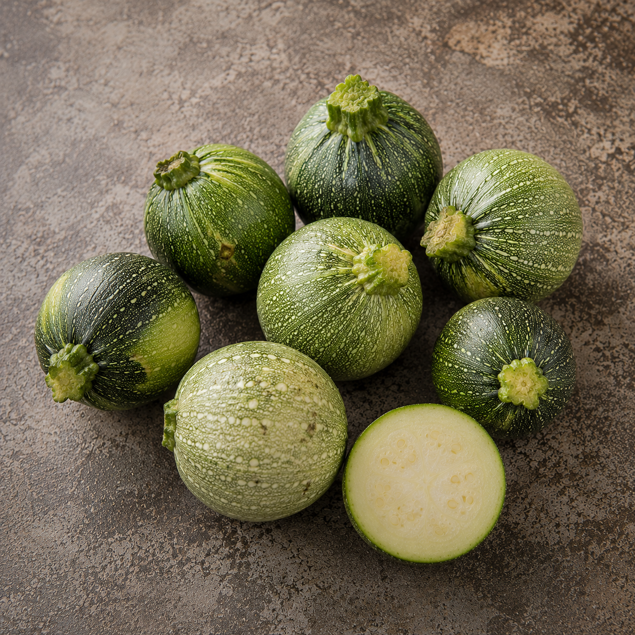 On a textured brown surface, eight round zucchini—some accented with dark green stripes and speckles—are displayed, with one sliced to reveal its fresh, pale interior. This arrangement reflects the precise presentation essential for preparing vegetables with Fissler’s German-engineered cookware, celebrated for durability and timeless innovation in every kitchen.