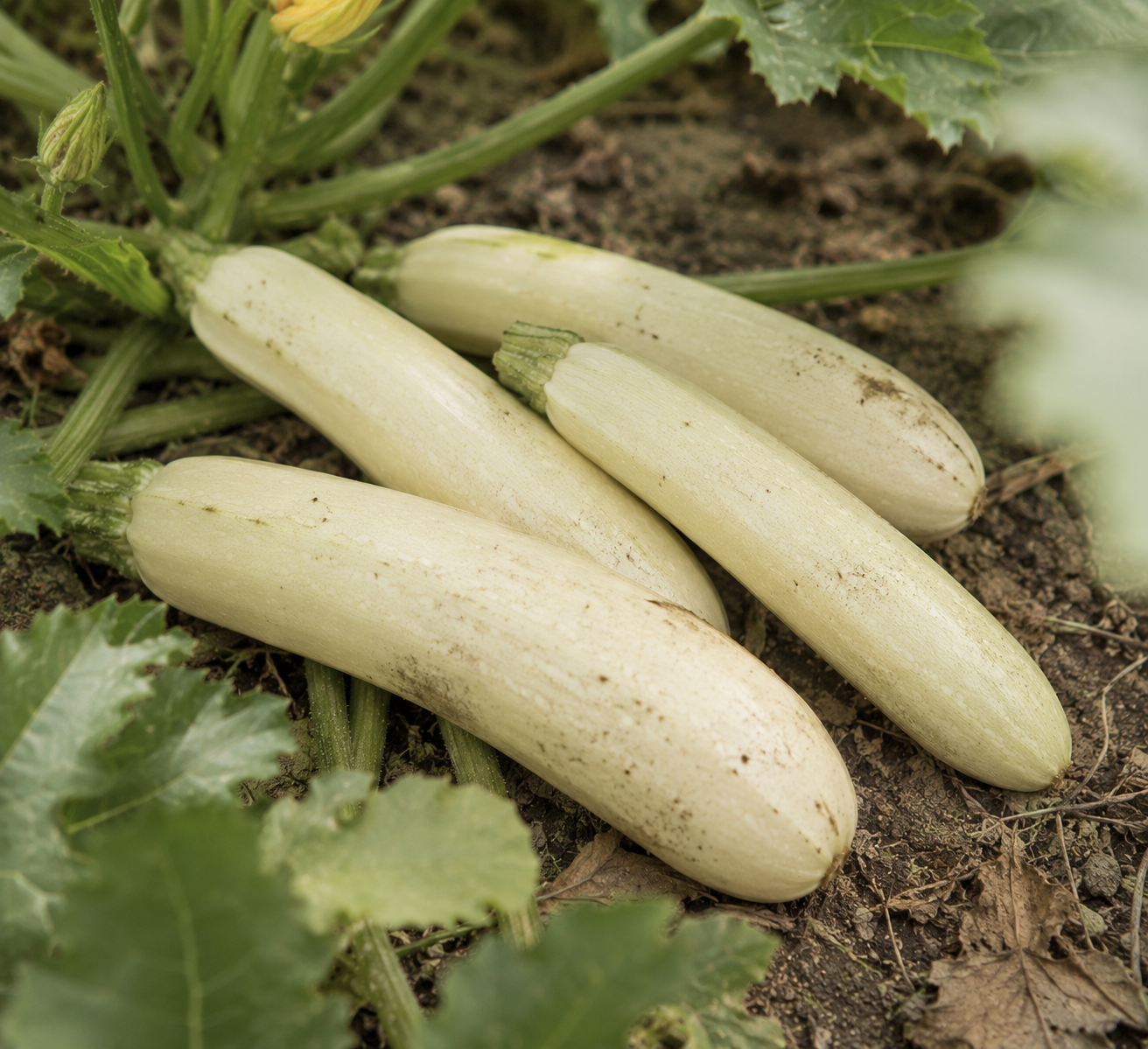 Four pale, light-green zucchinis rest freshly harvested among lush green leaves in a garden, still attached to some stems—an inviting display of natural ingredients ready for preparation with Fissler’s precision-engineered cookware.