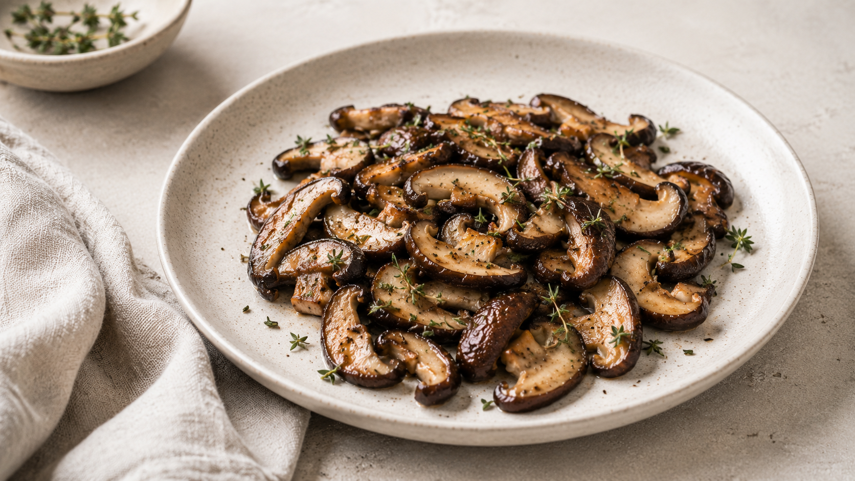 Sliced sautéed mushrooms, delicately garnished with fresh herbs, are beautifully presented on a white ceramic plate atop a light surface beside a cloth napkin. The dish reflects Fissler’s tradition of precision and quality—expertly prepared using our premium stainless steel cookware engineered in Germany for exceptional cooking results and timeless presentation.