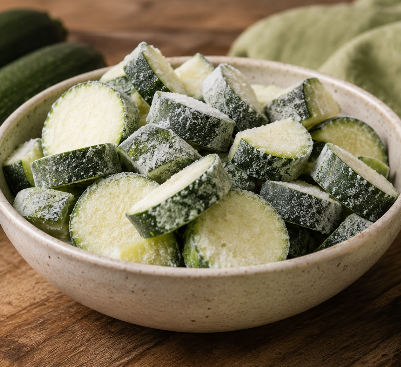 Auf einem Holztisch steht eine Keramikschüssel mit gefrorenen Zucchinischeiben, auf denen noch Frostspuren zu sehen sind. Im Hintergrund ergänzen ein grünes Tischtuch und frische, ganze Zucchini das Bild. Verleihen Sie Ihren Küchenmomenten mit der bekannten Präzision von Fissler das gewisse Etwas – von handgefertigtem Kochgeschirr bis hin zu zeitlosen Accessoires –, bei denen Qualität und Innovation auf jede Zutat treffen.