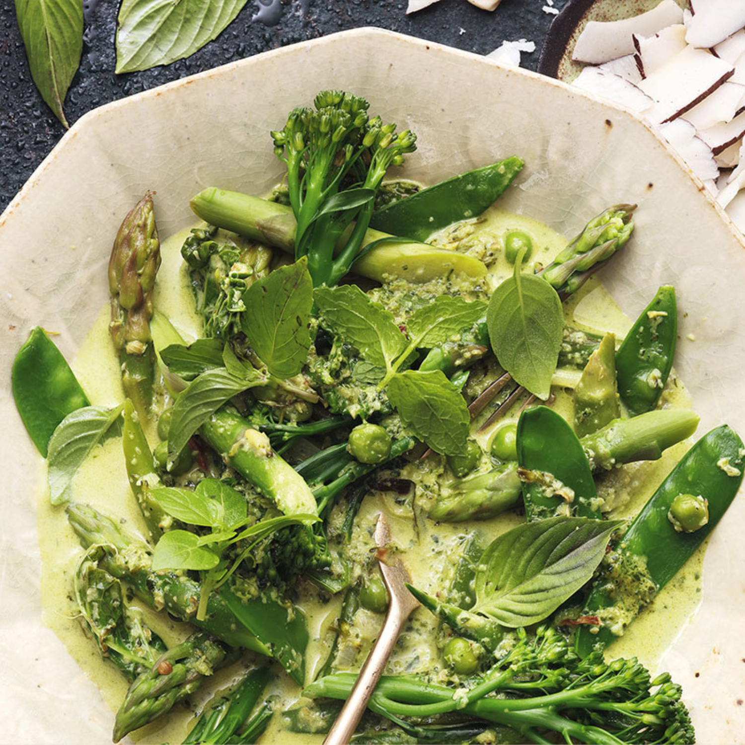Grünes Gemüsecurry mit Broccolini, Spargel und Kräutern in cremiger Sauce, serviert in einer zeitlosen Fissler-Schale mit Gabel.