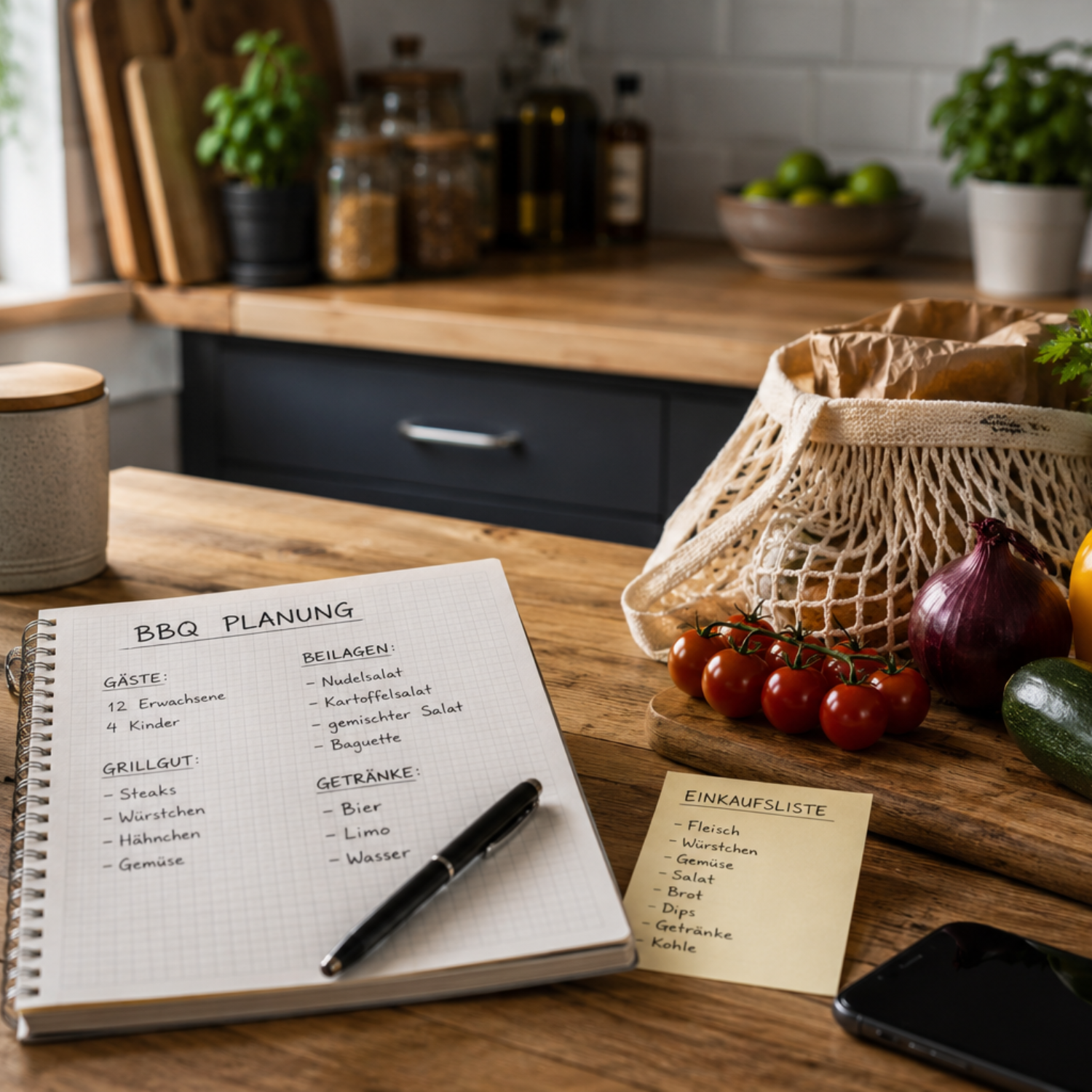 A meticulously arranged kitchen scene featuring a notepad labeled BBQ Planung, a grocery list, fresh vegetables, and a reusable string bag resting on an elegant wooden counter. Signature Fissler stainless steel cookware and kitchen accessories are visible in the background alongside a pen and an assortment of premium foods and bottles, reflecting German precision engineering and timeless design.