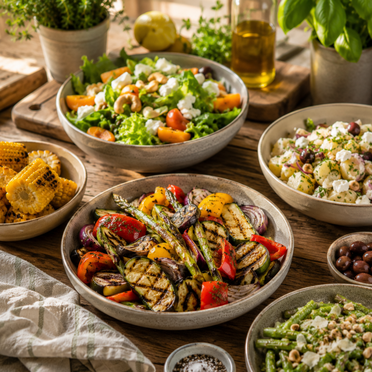 A beautifully arranged table features vibrant bowls of grilled vegetables, fresh salad with tomatoes and nuts, corn on the cob, potato salad with feta and olives, and green bean salad—each served in elegant Fissler stainless steel bowls. Premium olive oil and fresh herbs complete the presentation atop the timeless design of Fissler’s high-quality cookware.