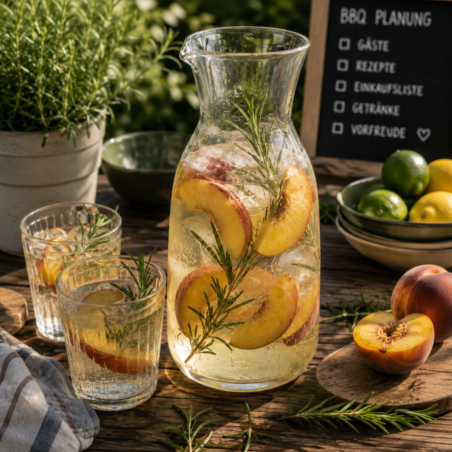 On a rustic table, a Fissler stainless steel pitcher and elegant glasses are filled with sparkling water, peach slices, and fresh rosemary. Around them lie vibrant fruit and a small chalkboard in the background—an inviting setting that highlights Fissler’s tradition of precision-engineered design and timeless German quality.