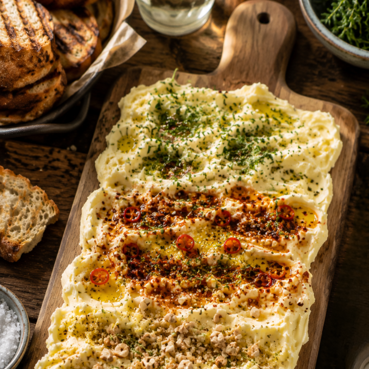 A beautifully arranged wooden board displays whipped feta cheese adorned with fresh herbs, golden olive oil, crushed nuts, and vibrant sliced red chili, accompanied by perfectly toasted bread slices—an inviting presentation elevated by the precision and timeless design expected from Fissler’s premium German cookware.
