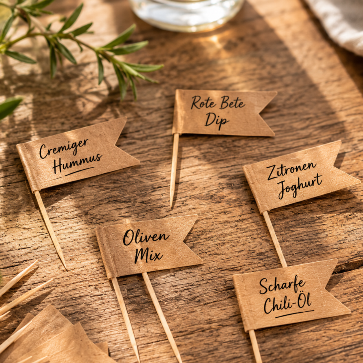 Small brown flag labels on toothpicks—reading Cremiger Hummus, Oliven Mix, Rote Bete Dip, Zitronen Joghurt, and Scharfe Chili-Öl—sit atop artisan dips displayed on a rustic wooden table with fresh herbs in warm sunlight. The inviting setup highlights how Fissler’s precision-engineered stainless steel serveware and accessories complement every culinary presentation with timeless German craftsmanship.