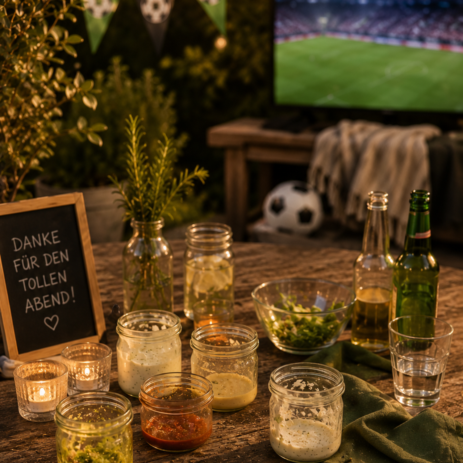 A welcoming outdoor scene featuring dips elegantly presented in glass jars, flickering candles, refreshing drinks, a chalkboard sign, and a soccer match airing on TV in the background. The table showcases Fissler’s premium stainless steel cookware alongside festive soccer-themed decorations, reflecting timeless German design and craftsmanship that elevate gatherings with both functionality and style.