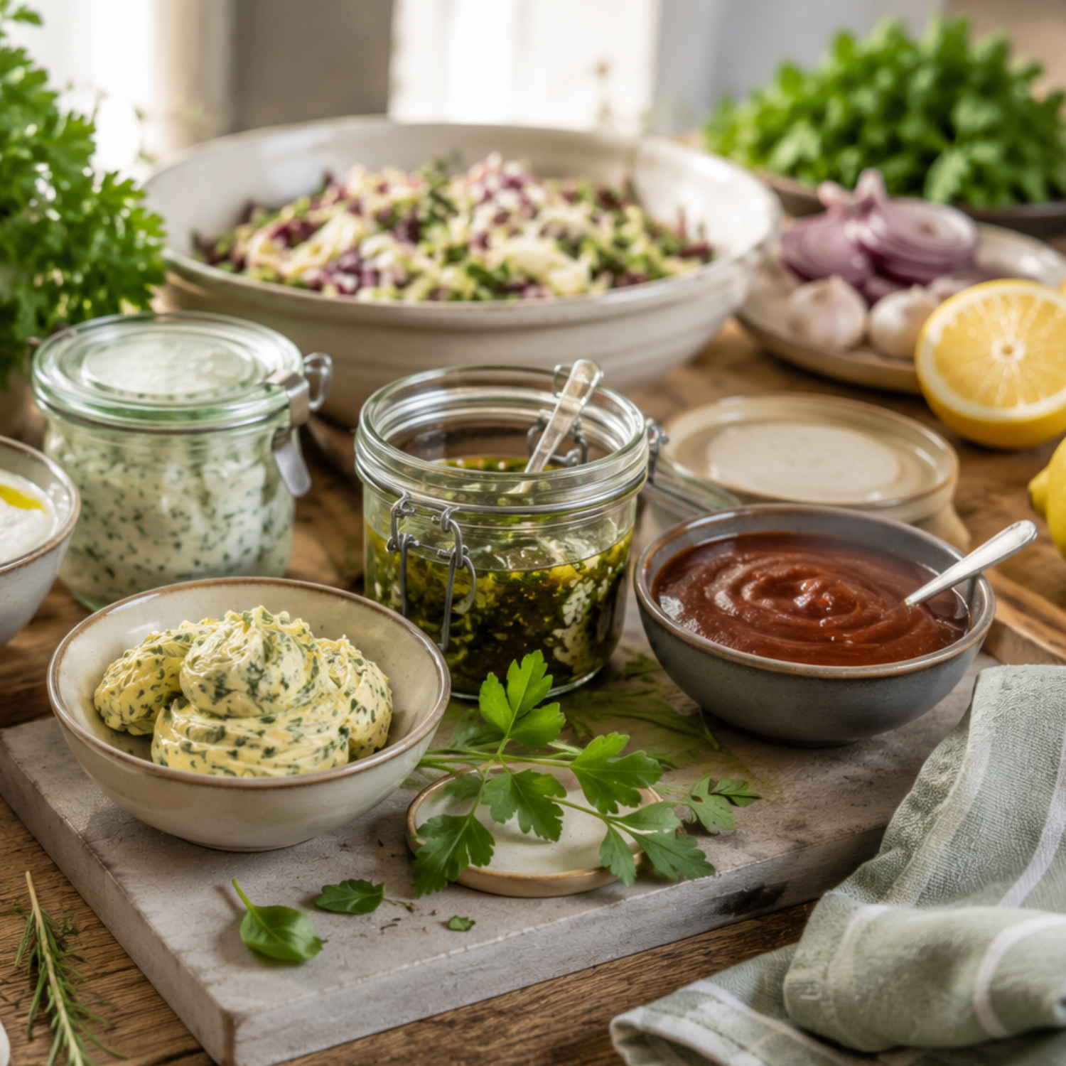 On a rustic wooden table, Fissler’s precision-engineered stainless steel bowls and jars present an array of sauces and dips—herb butter, pesto, and barbecue sauce—accompanied by fresh herbs, lemon wedges, and a crisp salad in the background, reflecting timeless German design and culinary excellence.