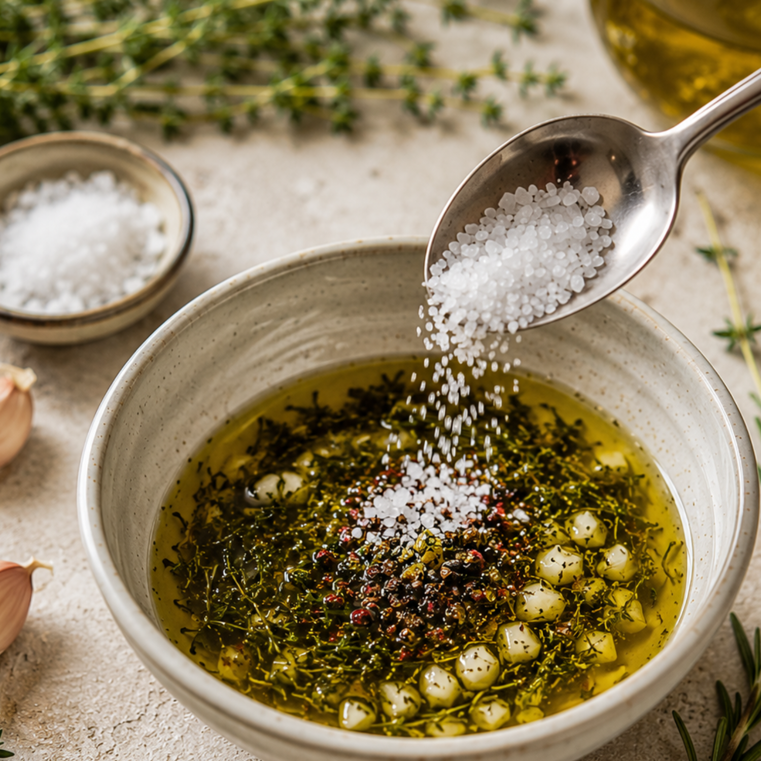 A Fissler stainless steel spoon sprinkles coarse salt into a sleek bowl of olive oil infused with fresh herbs, garlic, and peppercorns. On the polished countertop, sprigs of thyme, a matching Fissler salt bowl, and whole garlic cloves complete the refined kitchen scene—showcasing quality cookware designed for precision and enduring style.