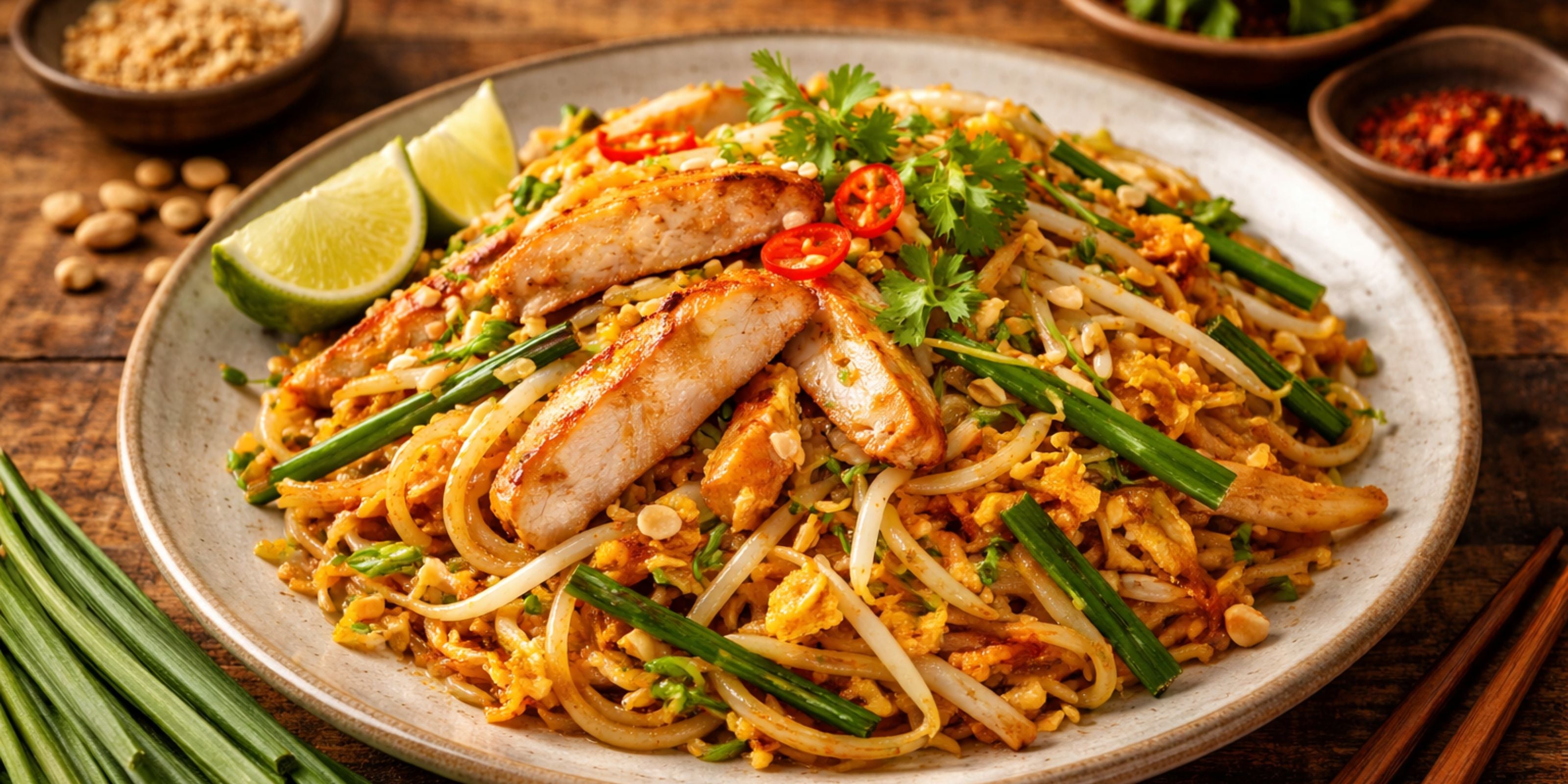 Pad Thai mit gegrilltem Hähnchen und frischen Beilagen, serviert auf einem Holztisch mit Stäbchen, zubereitet in einer Fissler-Edelstahlpfanne.