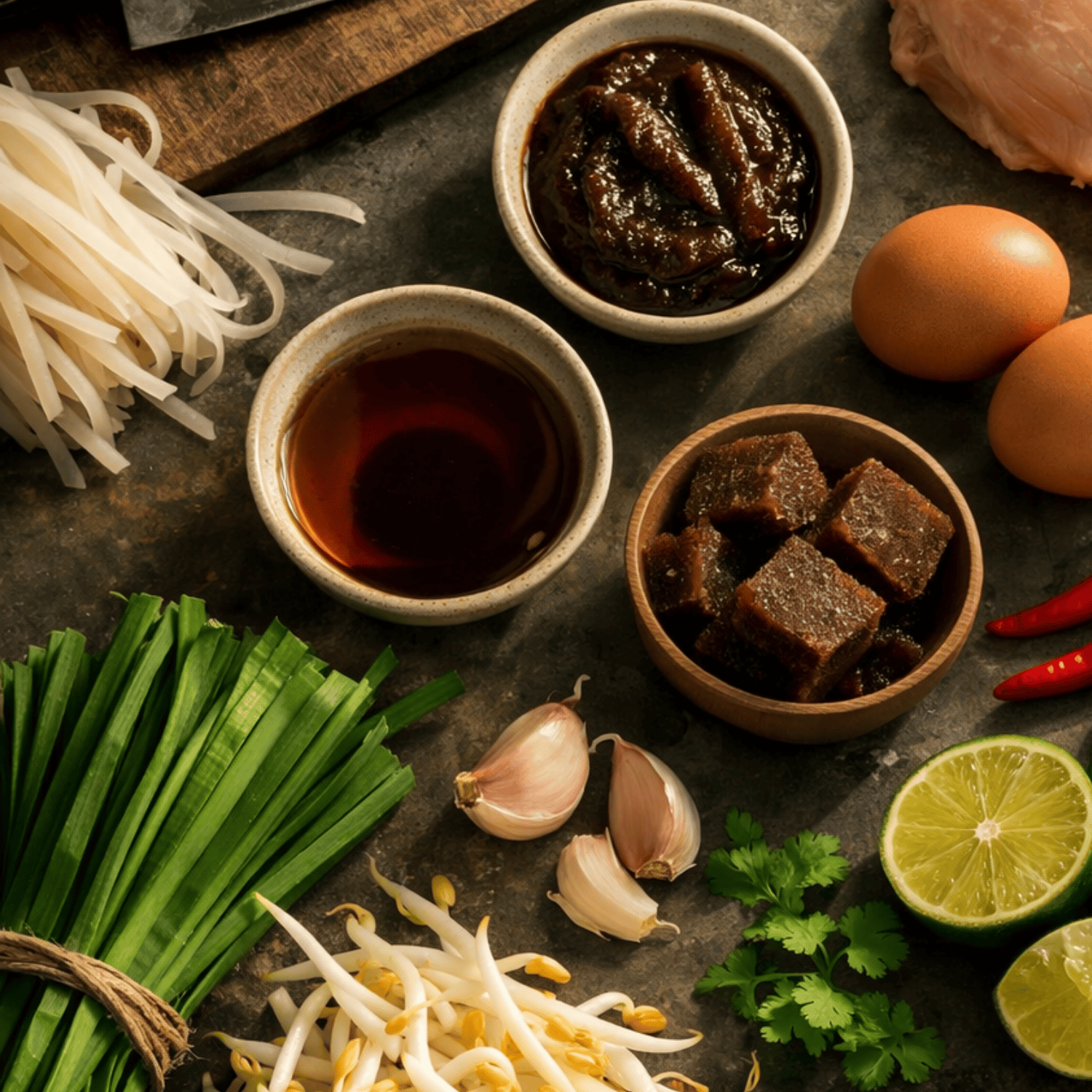 Frische Zutaten - Reisnudeln, Soße, Eier, Fleisch und Kräuter - werden mit dem Fissler-Kochgeschirr ausgezeichnet zubereitet.