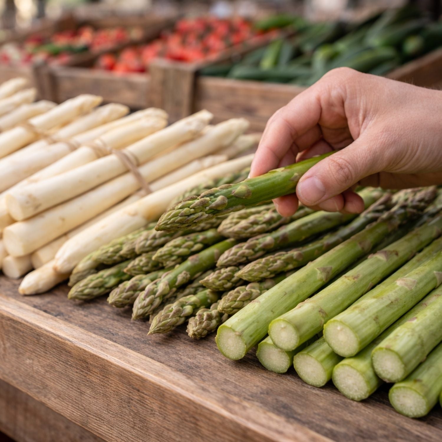 A hand selects green asparagus at a vibrant outdoor market, evoking fresh ingredients perfect for superior Fissler cookware.