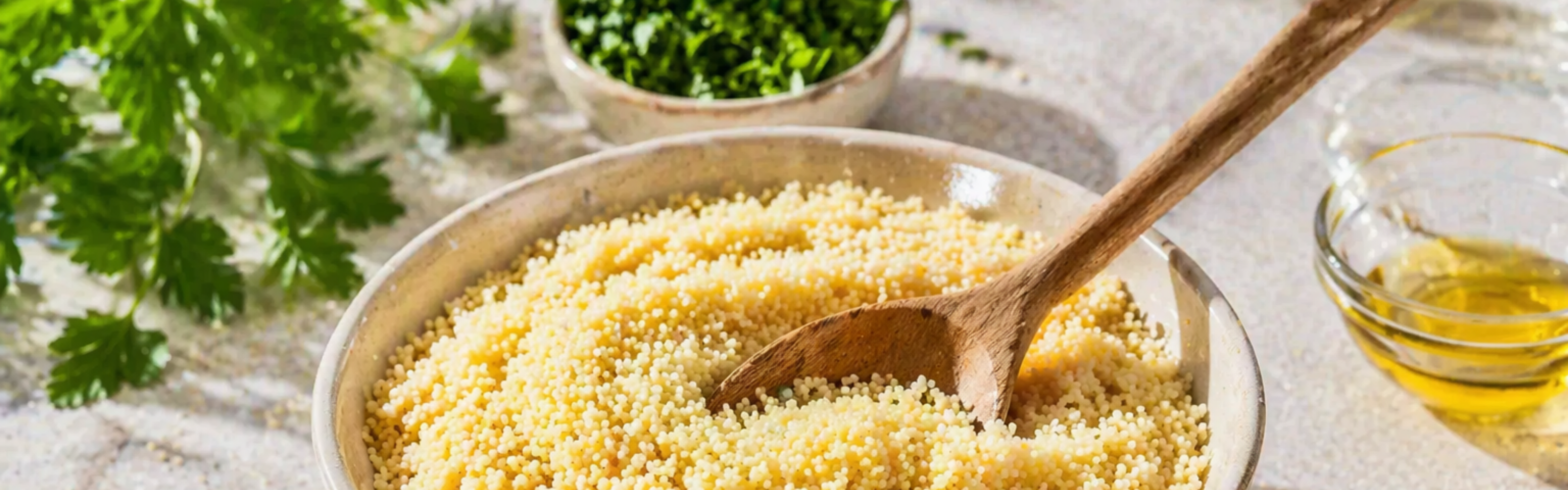A bowl of dry couscous beside a Fissler stainless steel pot, with a wooden spoon, fresh parsley, chopped herbs, and a small bowl of olive oil arranged on a light countertop—showcasing the precision and timeless design of German-made cookware.