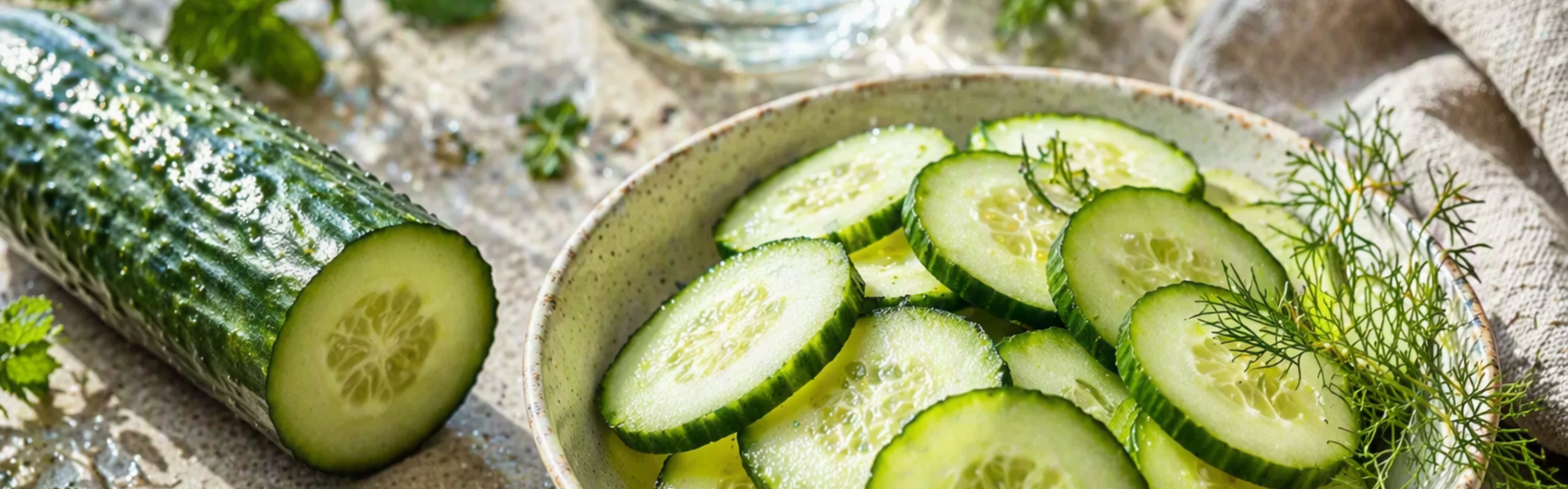 A bowl of freshly sliced cucumbers, garnished with dill and surrounded by aromatic herbs, rests beside a partially cut cucumber on a beautifully set table. Nearby, a glass of water completes the scene. Prepared with precision using Fissler’s premium stainless steel kitchen accessories, this timeless arrangement highlights the durability, innovation, and quality craftsmanship that define every Fissler product.
