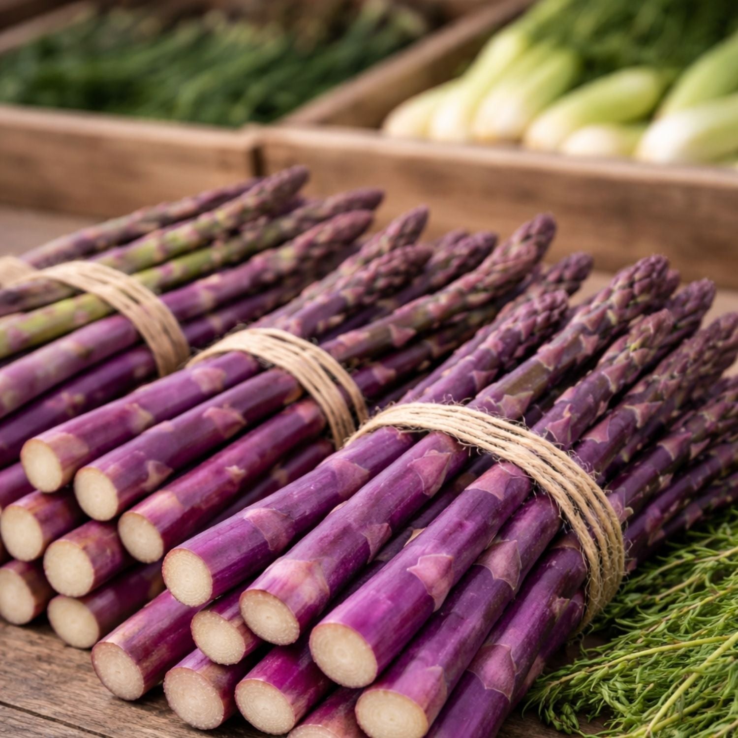 Fresh purple asparagus bundles lie on wood, ready for preparation with Fissler's German precision cookware.