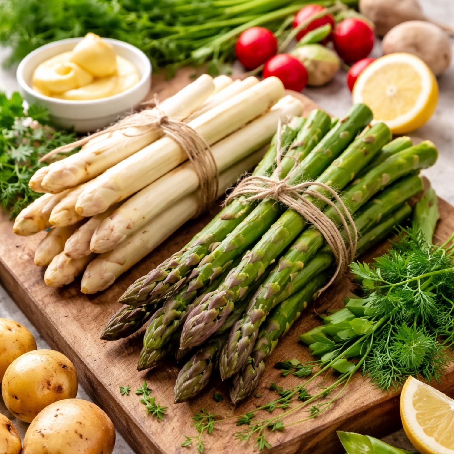 White and green asparagus on a wooden board, next to fresh vegetables and Fissler stainless steel cookware.