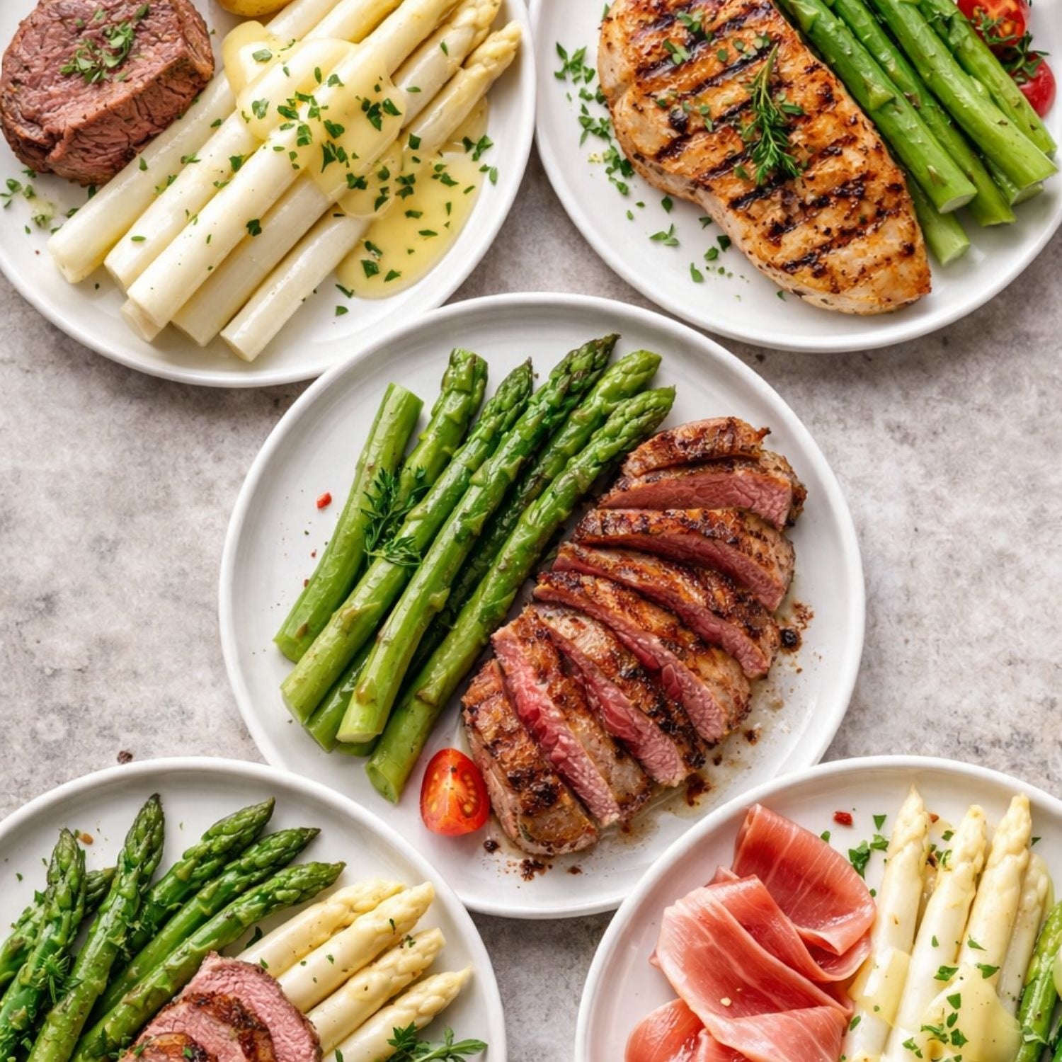 Five elegant plates with asparagus, steak, and poultry are presented, served on Fissler stainless steel tableware.