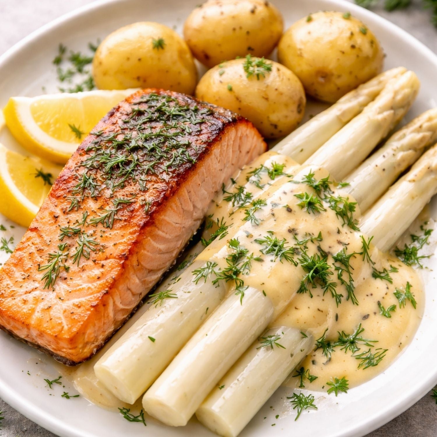Grilled salmon with herbs, potatoes, lemon wedges, and white asparagus in cream sauce - prepared in high-quality Fissler cookware.