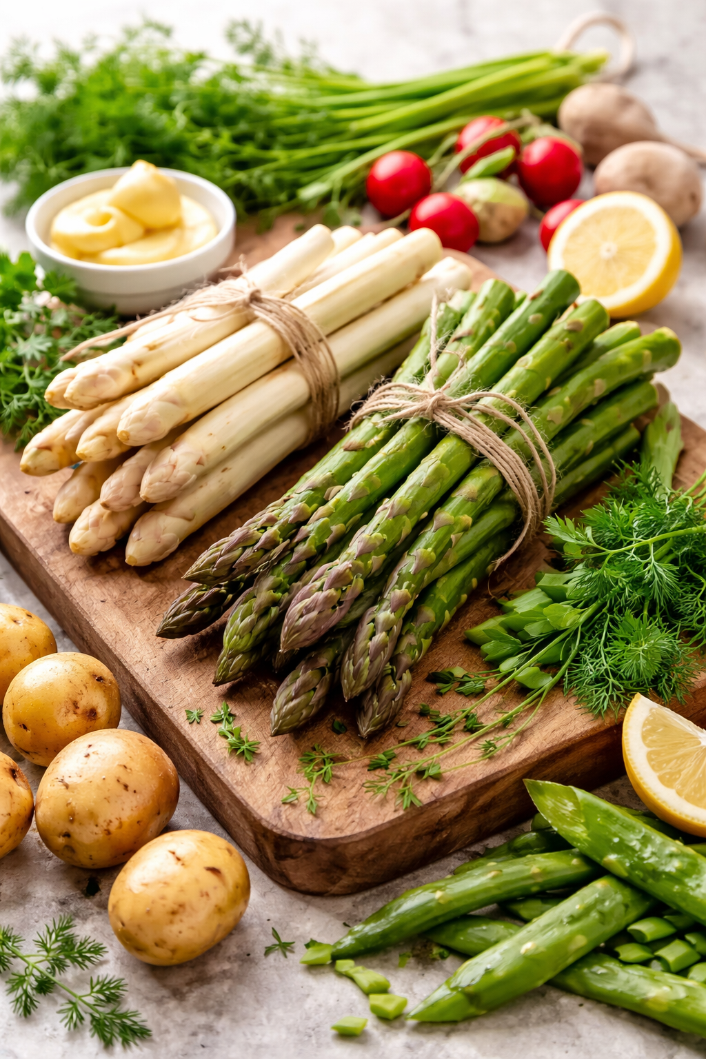 Fresh white and green asparagus on a wooden board, with potatoes, radishes, peas, lemon, herbs, and butter - perfect for Fissler cookware.