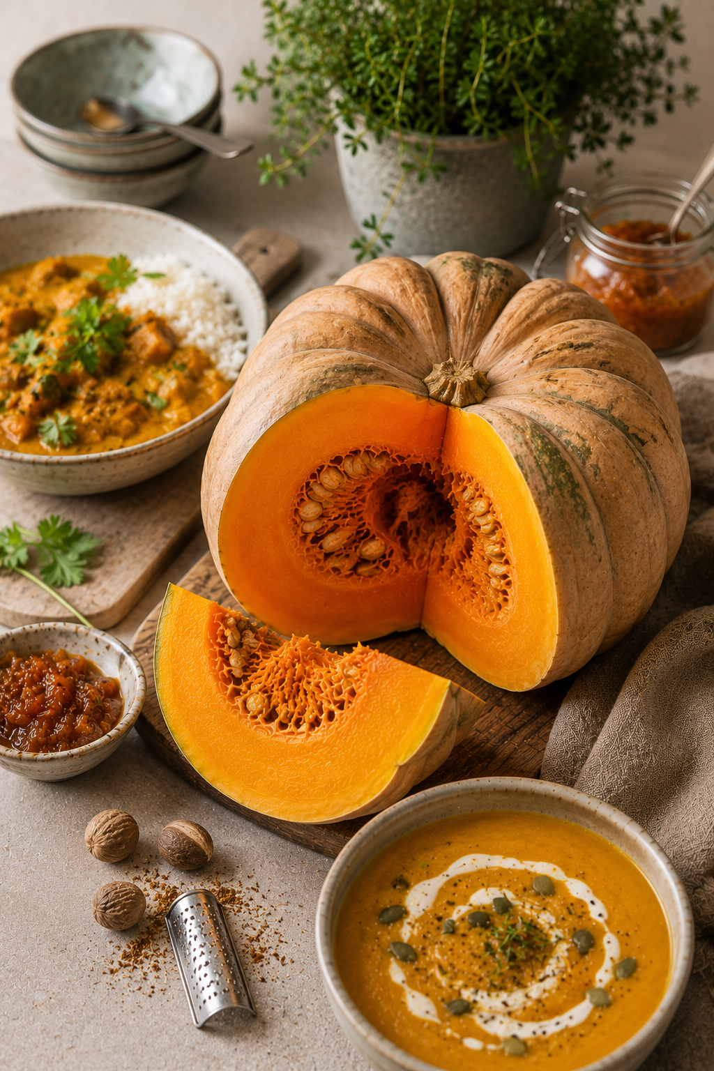 A halved pumpkin rests on a wooden cutting board, surrounded by bowls of vibrant pumpkin soup, chutney, rice, and fresh herbs—all presented atop a beige table. Nearby, freshly grated nutmeg and a grater hint at authentic flavors. Fissler’s precision-engineered stainless steel cookware and kitchen accessories bring innovation and timeless German quality to the heart of this autumnal scene. Fresh thyme sprigs and a jar of chutney complete the background.