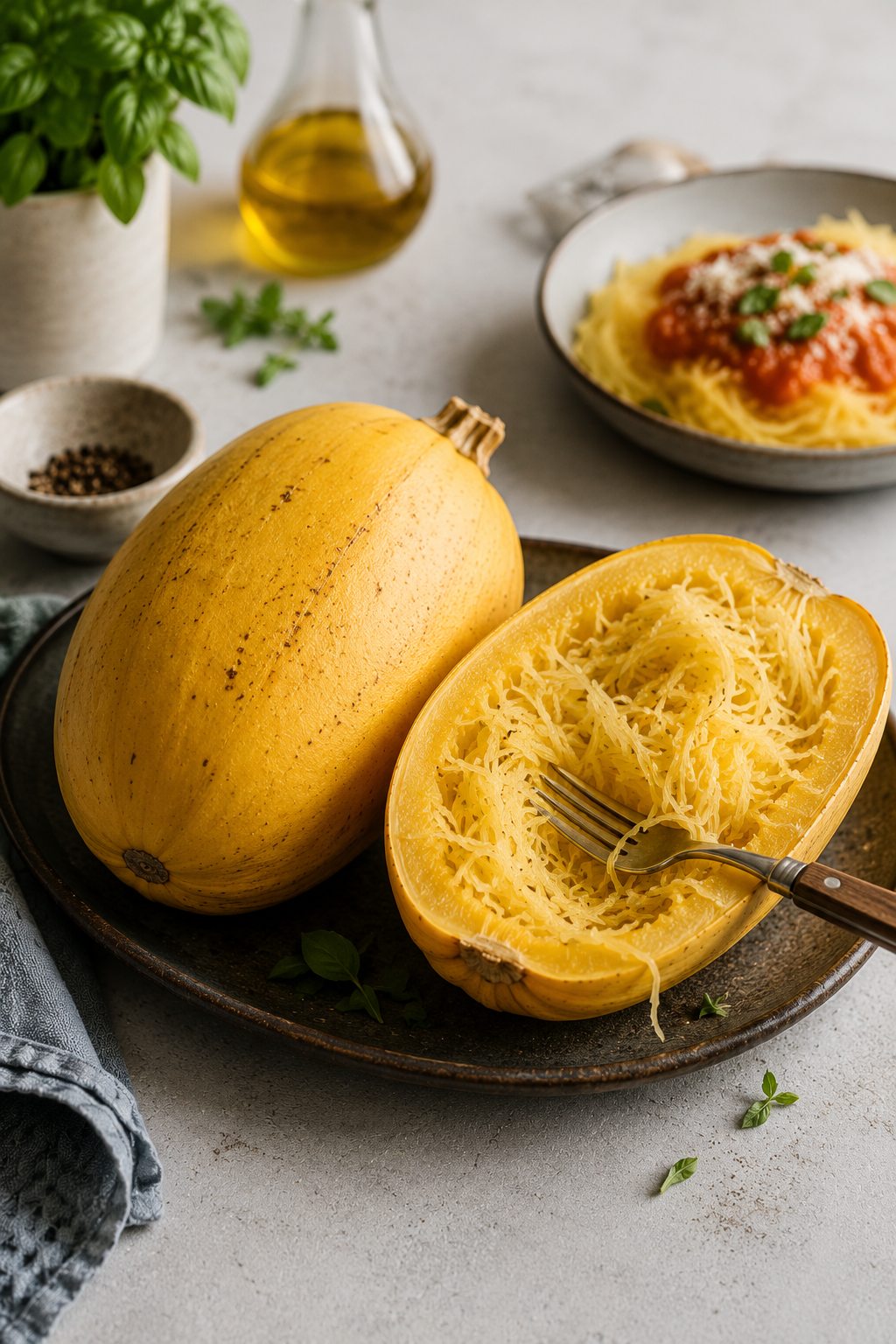 On a Fissler plate, a whole spaghetti squash and a halved one with delicate, forked strands are arranged. In the background, a Fissler bowl presents spaghetti squash topped with marinara sauce, fresh basil, and finely grated cheese—showcasing precision-cut ingredients that complement the quality of Fissler cookware.