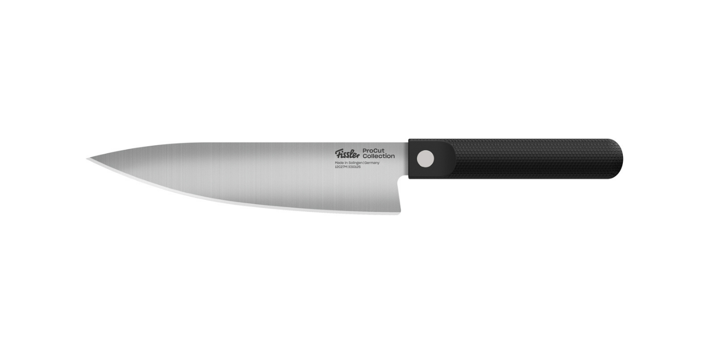 Ein Fissler Kochmesser aus rostfreiem Stahl mit Präzisionsmechanik, einer scharfen Klinge und einem ergonomischen, schwarz strukturierten Griff in Weiß.