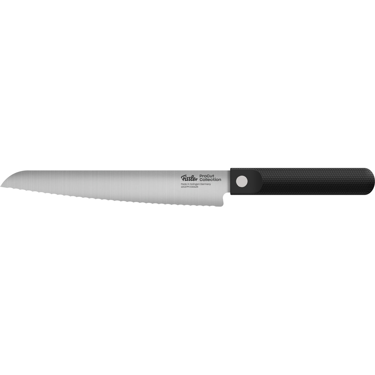 Fissler Bread Knife with Serrated Edge: Precision-crafted, long silver blade, textured black handle; timeless German design on white.