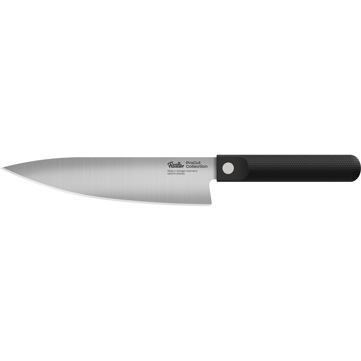 Fissler ProCut chef's knife made of stainless steel with a sharp blade, black textured handle, and traditional quality, pictured on white.