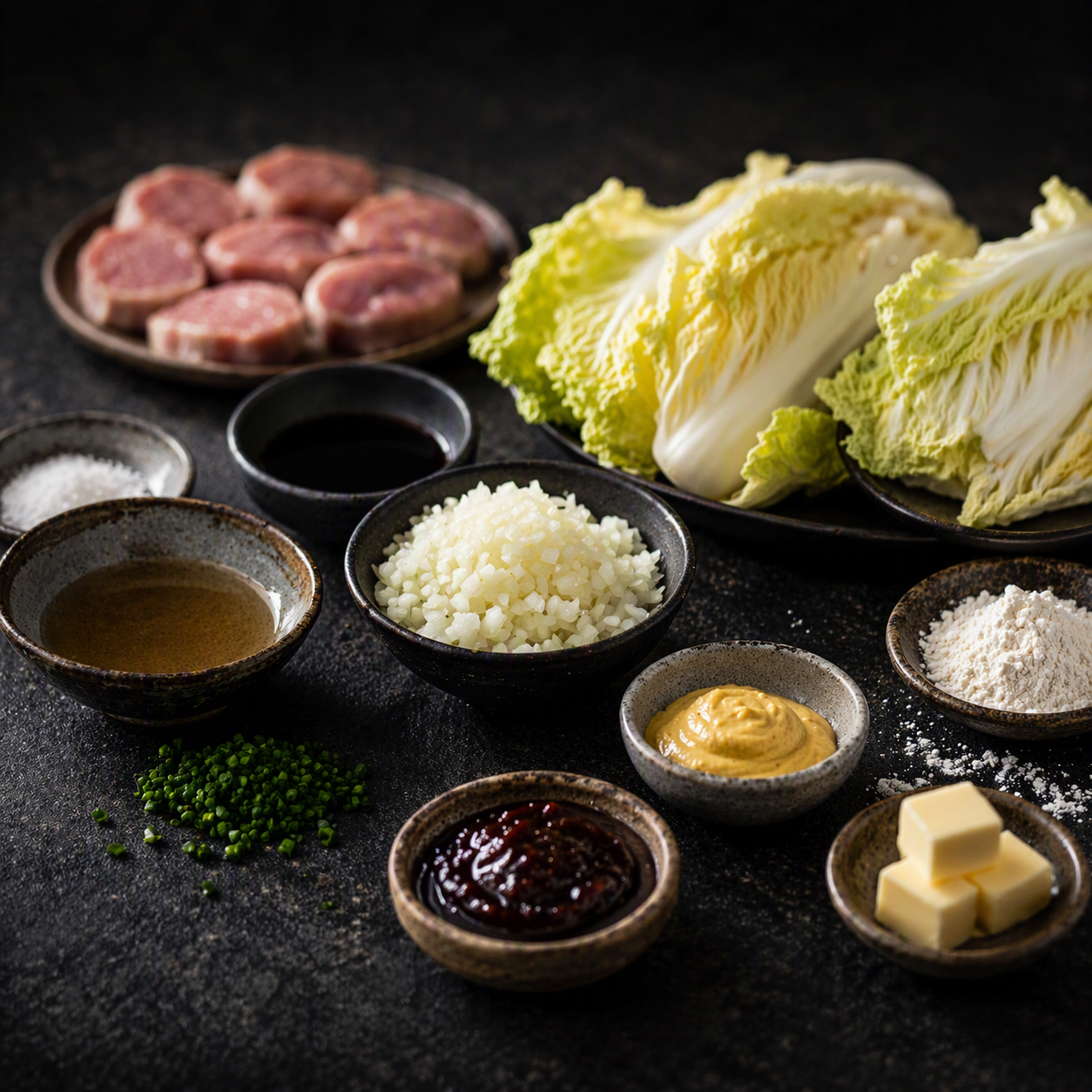 A precise cooking mise-en-place featuring bowls with ground meat patties, napa cabbage, chopped chives, butter cubes, seasonings, mustard, sauce, flour, and rice—all arranged neatly on a sleek dark surface. Expertly displayed alongside Fissler’s premium stainless steel cookware and accessories for an elevated kitchen experience Made in Germany.