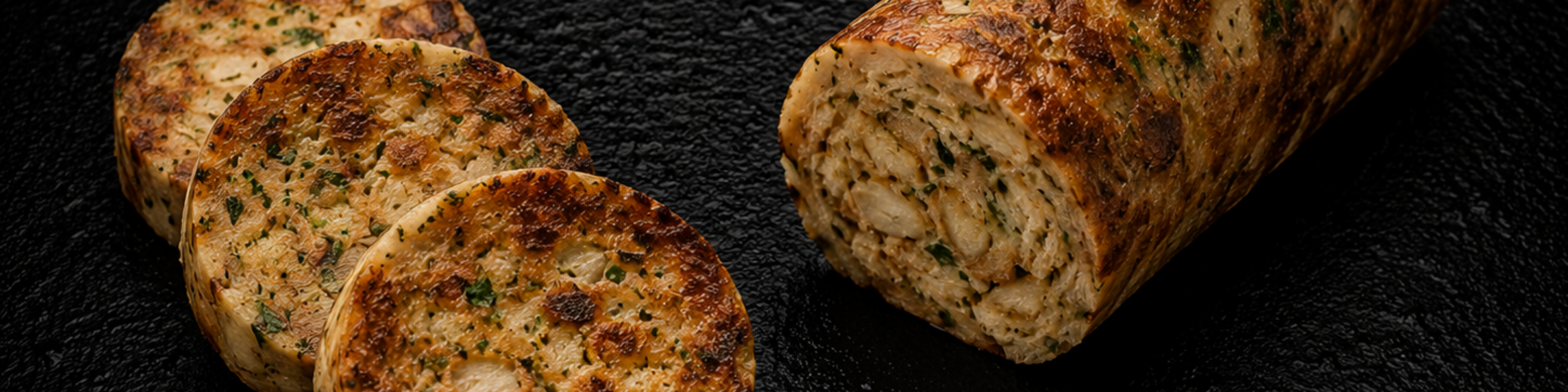 A herb-seasoned rolled meat loaf, perfectly cooked and sliced to reveal a marbled spiral interior with a flavorful browned exterior, is presented on a sophisticated black textured surface—demonstrating the precision results achieved using Fissler’s expertly engineered German cookware.