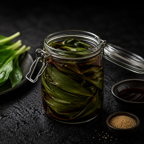 A glass jar of marinated green leaves displayed on a sleek black surface, complemented by a plate of fresh leaves and small bowls of sauce and brown sugar—captured in harmonious arrangement atop premium Fissler cookware. The scene reflects the brand’s commitment to precision engineering and timeless German design, elevating every kitchen moment.