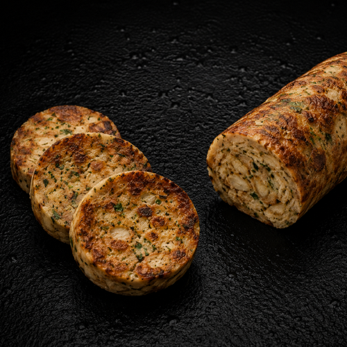 A cylindrical loaf of herb-infused cooked chicken sausage is partially sliced, revealing three precisely cut rounds arranged next to the main portion on a sleek, textured black surface. The composition highlights culinary craftsmanship and attention to detail—principles embodied by Fissler’s German-engineered cookware collection.