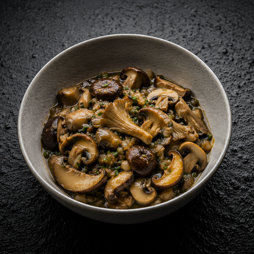 A bowl of assorted cooked mushrooms in a rich, savory sauce is presented on a dark textured surface, highlighting the vibrant colors and fresh chopped herbs. The dish’s glossy finish reflects expert preparation—made effortless with precision-engineered Fissler cookware designed for exceptional heat distribution and lasting durability.